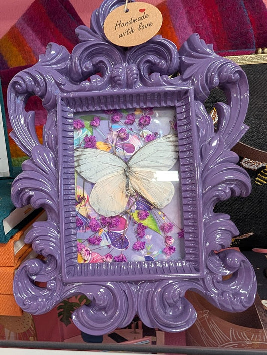 Hand made butterfly and flowers in purple frame