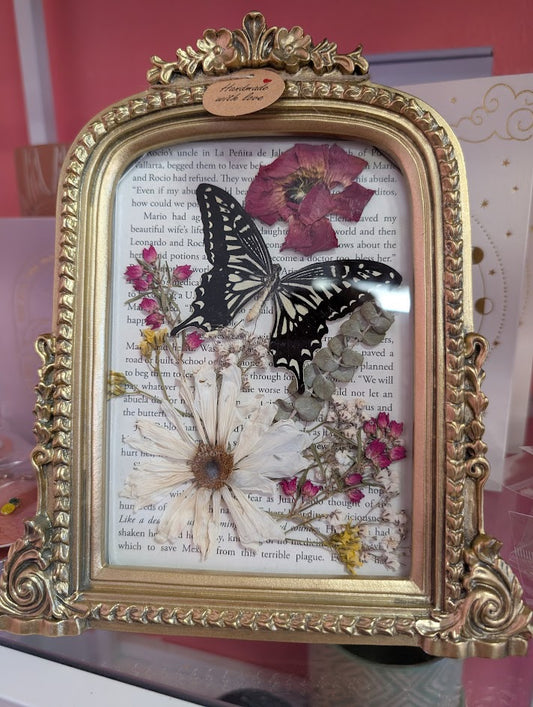 Hand made butterfly and flowers in gold frame