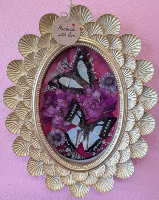 Hand made-butterfly and dried flowers in gold frame