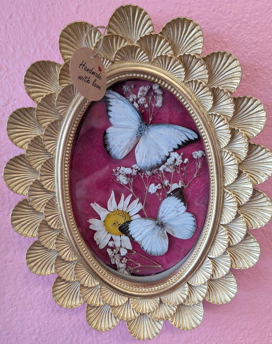 Hand made-butterfly and dried flowers in gold frame