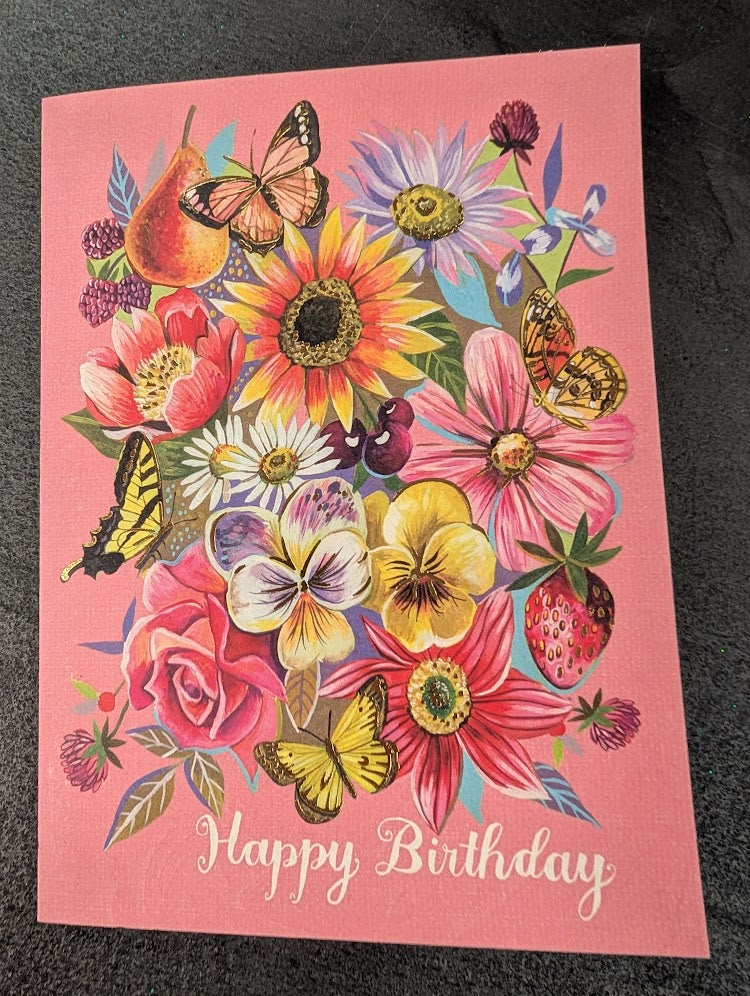 Happy birthday greeting card flowers and butterflys