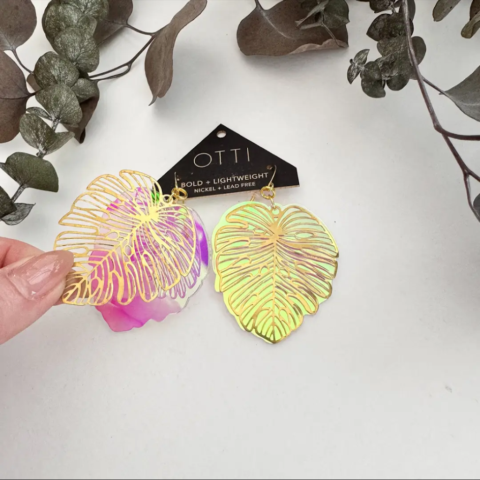 Otti Monstera brass and iridescent acrylic earrings