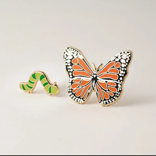 Happily plants monarch butterfly and caterpillar and lily enamel pin