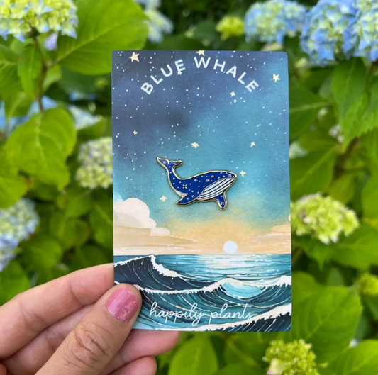 Happily plants blue whale enamel pin