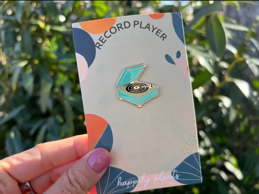 Happily plants Retro record player enamel pin