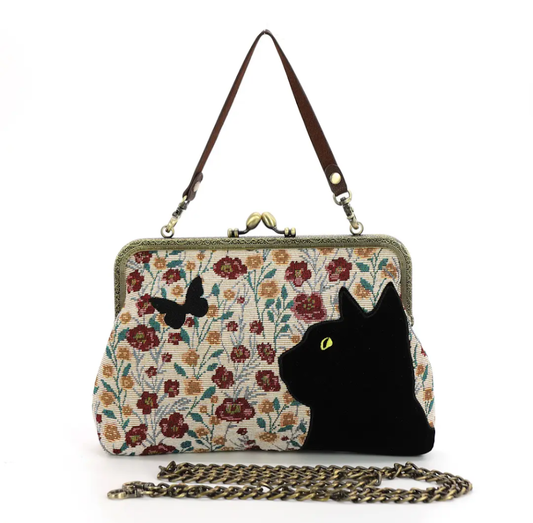 Floral black cat kisslock bag
