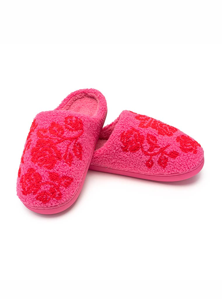 Indoor / Outdoor Slippers - Stemmed Red Roses - Bright Pink