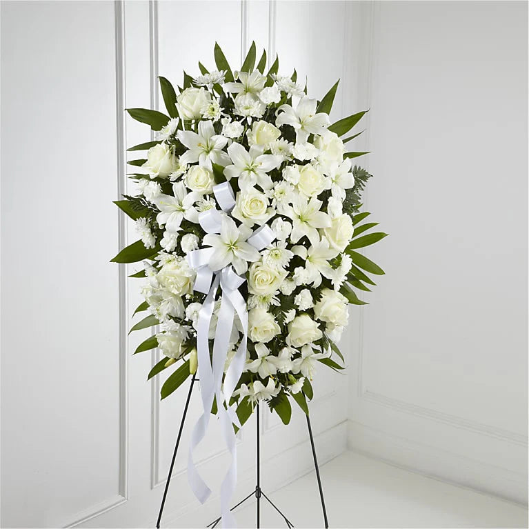 Exquisite Tribute Standing Spray-White Ribbon