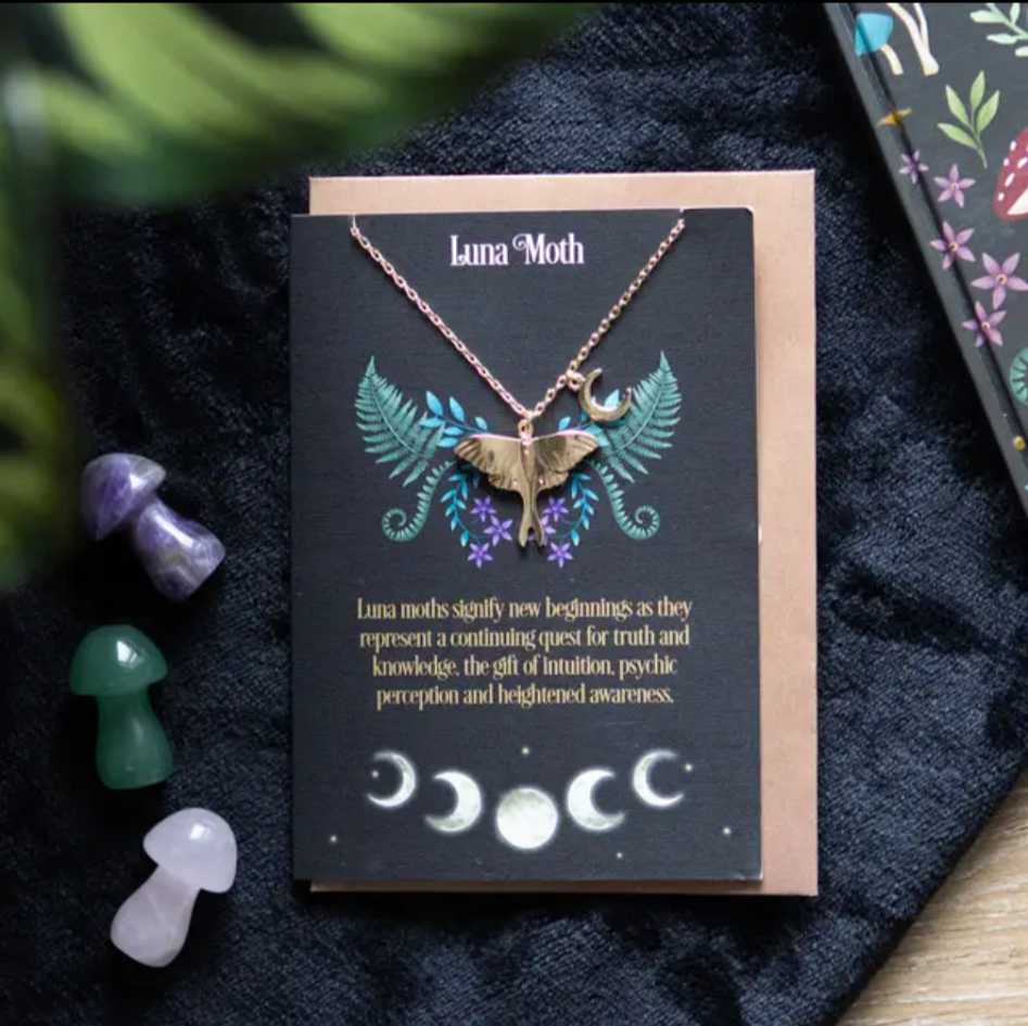 Luna moth greeting card with necklace