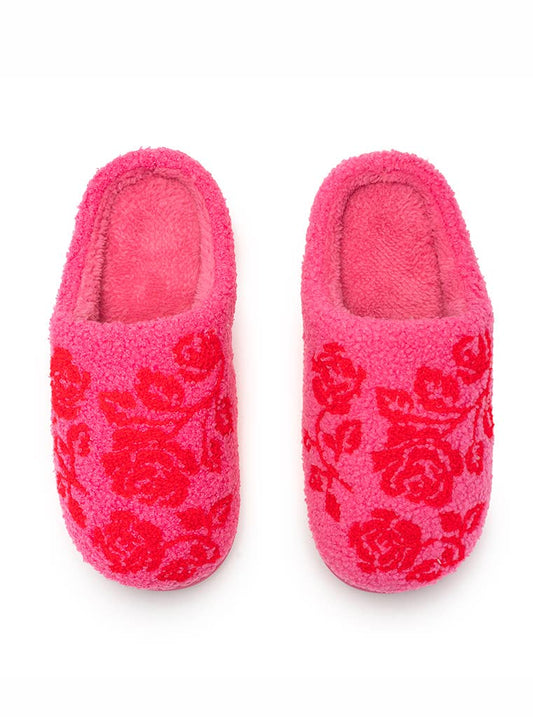 Indoor / Outdoor Slippers - Stemmed Red Roses - Bright Pink